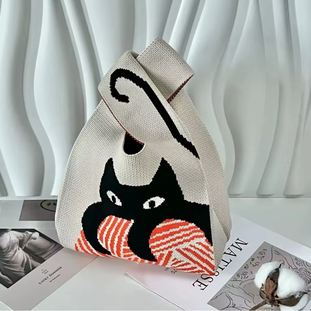 MURDER MITTENS BLACK CAT MINI KNOT WRIST LOOP CASUAL KNOT WRISTLET DROP KNIT BAG